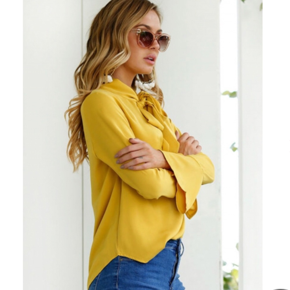 Amo Mustard Bow Tie Long Bell Sleeves Blouse - Picture 3 of 6